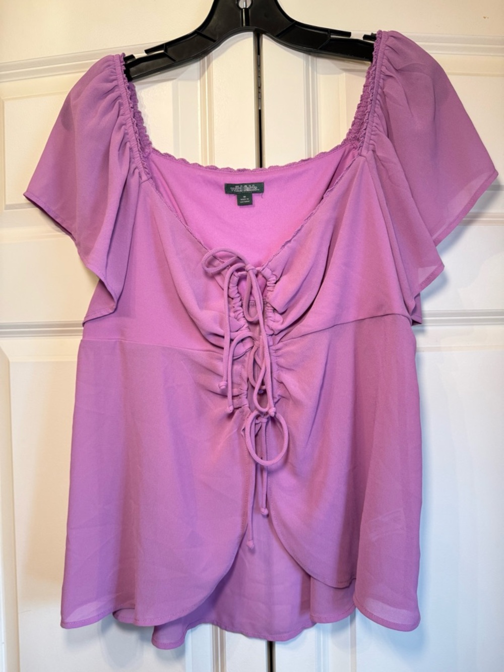 wild fable Lavender Lace-Up Flutter Sleeve Semi-Sheer Blouse